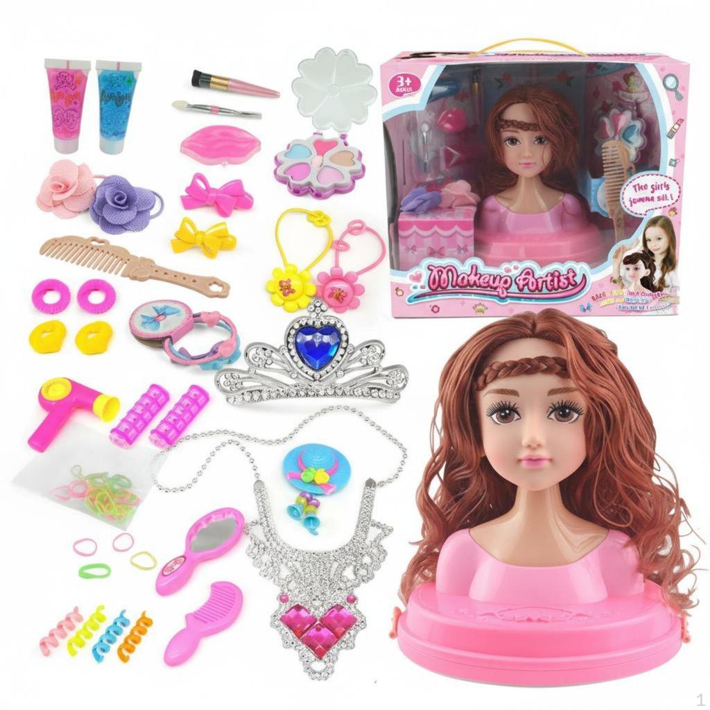 Makeup Doll Head Kit Gift Box Packaging Hairstyling Pretend Play for Children, Aspiring