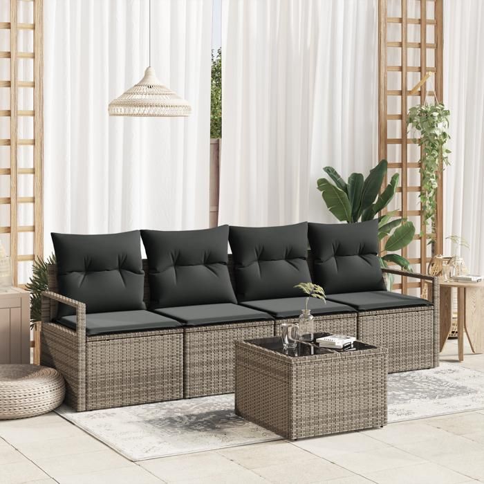 Ensemble de 5 Pièces de Canapé de Jardin avec Coussins Gris Rattan Poly, Canapé de Jardin 2 Places avec Rangement 3354918