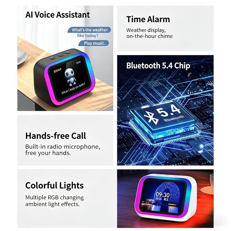 AI Smart Bluetooth 5.4 Speaker With RGB Color Lighting Smart Alarm Clock Voice Assistant Touch Screen LED Weather Clock Display
