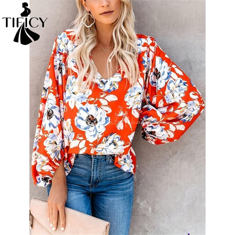 TIFICY Women's Fashion Casual Spring Autumn Flower Pattern Print Long Sleeve V-Neck Blouses & Shirts