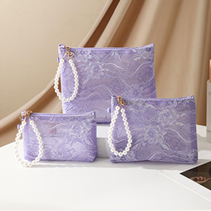 Lace Flower Small Makeup Bag with Pearl Chain Women Cosmetic Pouch Travel Organizer Handbag Portable Phone Keys Coin Purse Case