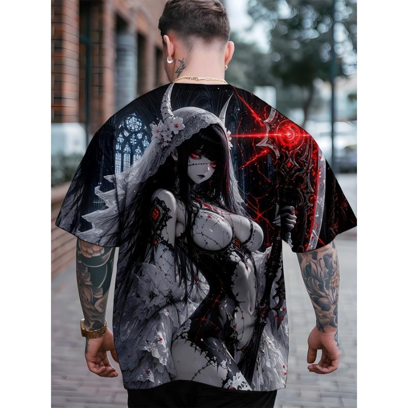 Men'S 3D Cyber Samurai Girl Themed Print T - Shirtsoft Polyester Fabric Summer Round Neck T-Shirt Regular