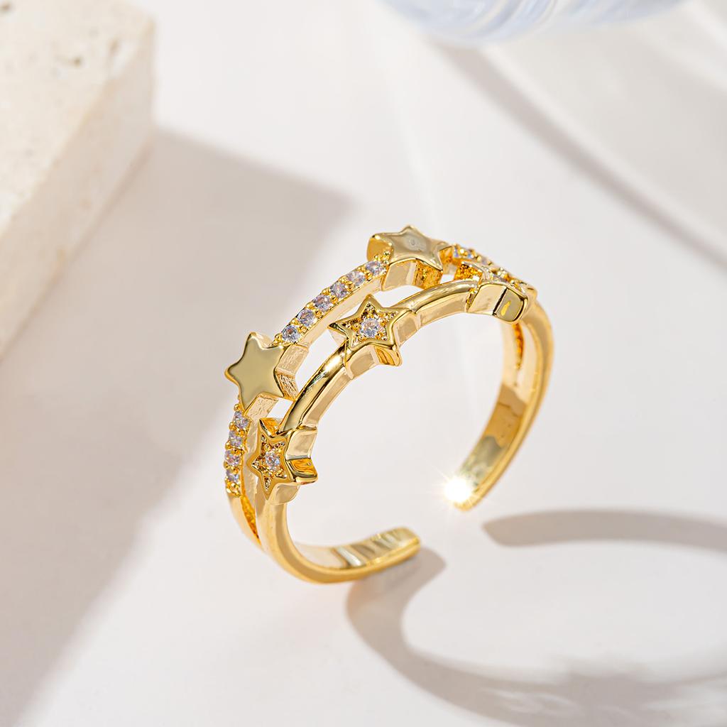 Women'S 18K Gold Plated Double Layer Star Adjustable Ring, Sparkling Cubic Zirconia & Solid Star Open Band, Hypoallergenic Nicke