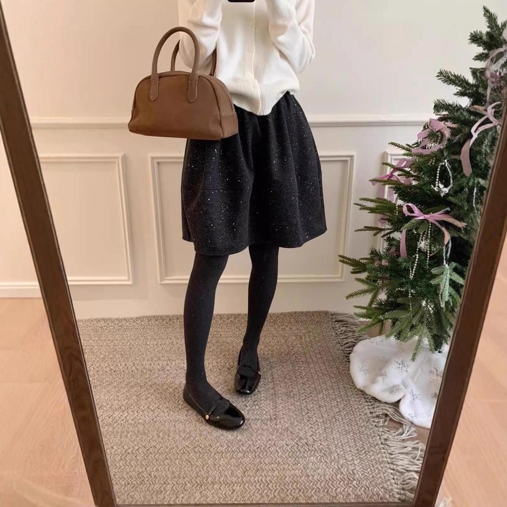 2025 Winter High-Waisted Woolen A-line Umbrella Skirt with Sequins: Slimming Mid-Length Women's Skirt