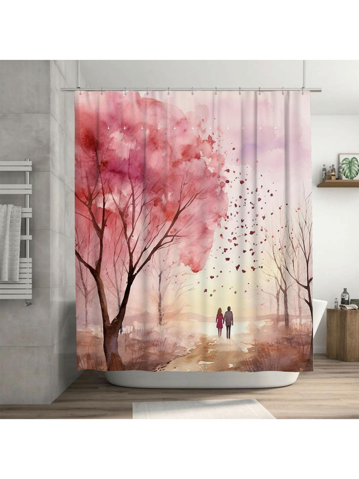 

Romantic Walk Under Cherry Blossoms Shower Curtain | Watercolor Art Bathroom Decor 90X180cm
