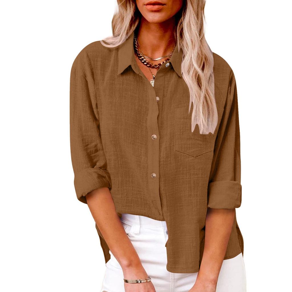 Women's Collar Long Sleeve Shirt Loose Fit Solid Color Linen Cotton Pocket Commuter Blouse