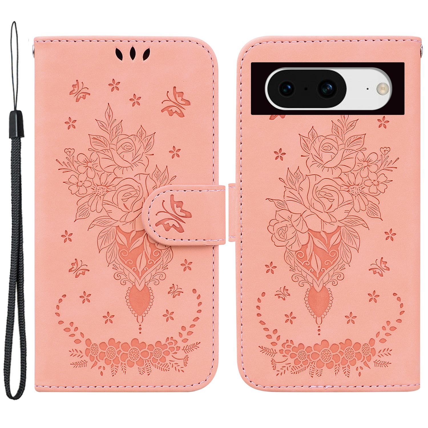 

PU Leather Phone Case for Google Pixel 8 Stand Wallet Rose Butterfly Imprinted Phone Anti-drop Cover Shell Pink