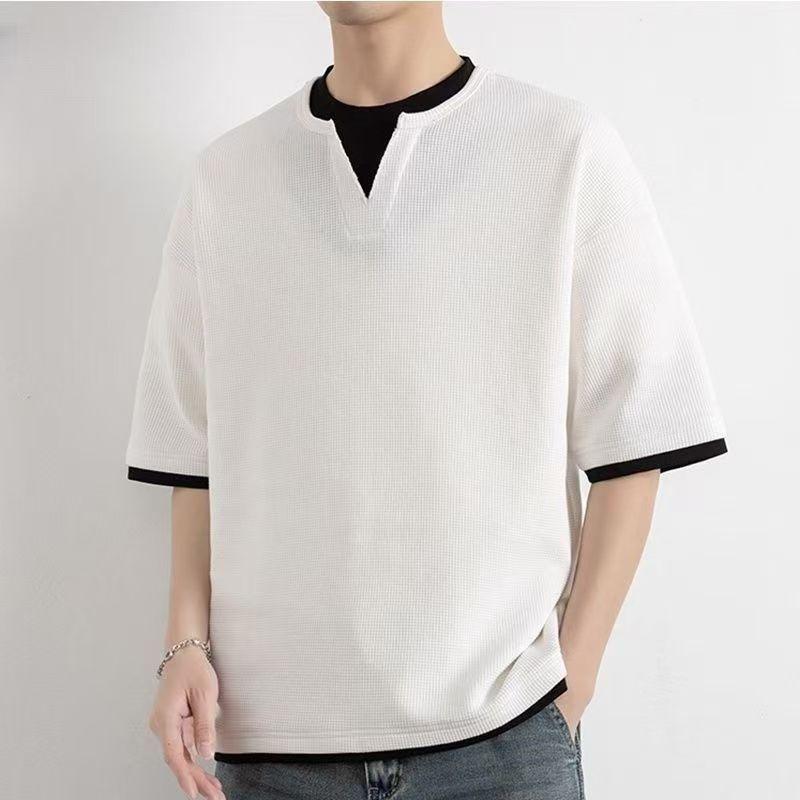 Men's Waffle Knit Fake Two-Piece Short Sleeve T-Shirt Casual Loose Crew Neck Top