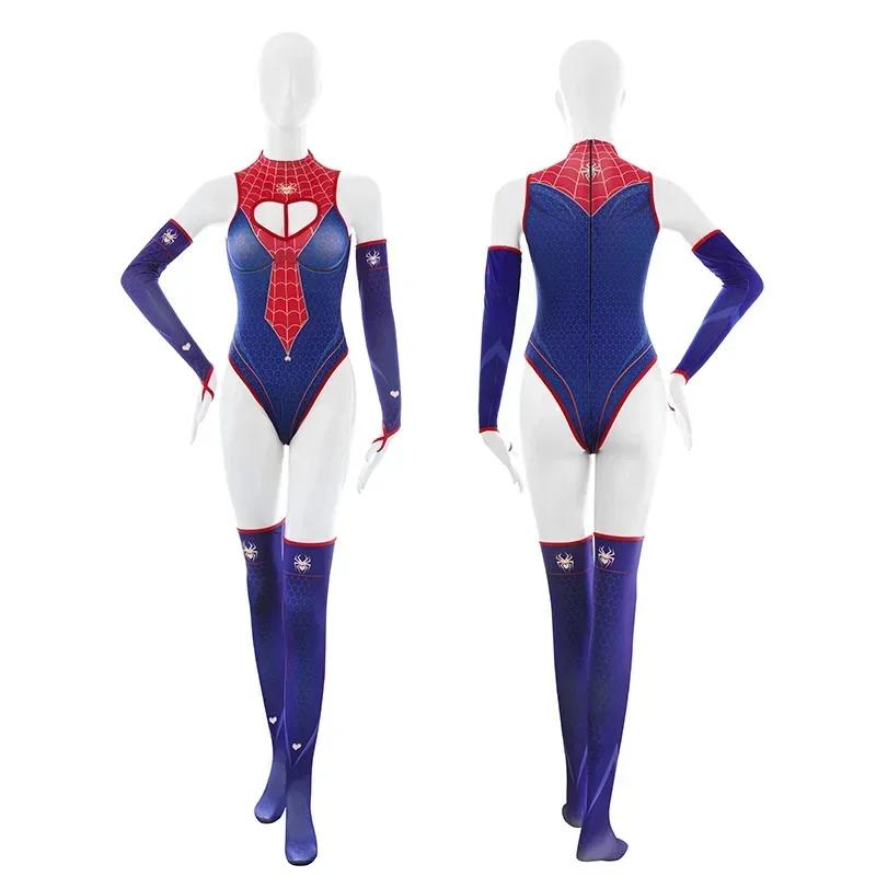 Halloween Spider Women Cosplay Costume Sexy Lingerie Love Heart Printed Crotchless Bodysuit with Stocking and Gloves Set