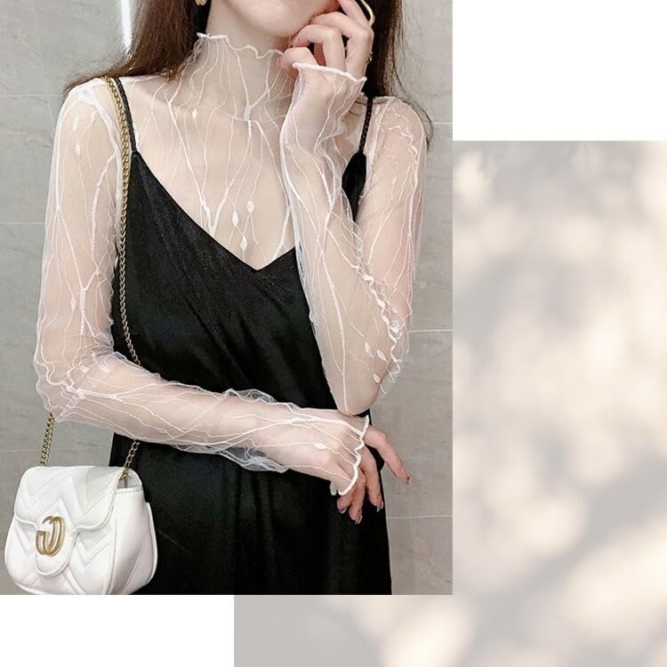 DAYCLOSET Sheer Blouse Shirt Long High White Women's Top, Sleeve, See-Through Lace, Neck, Lightweight, Spring, Summer, Autumn, Tops1942, M, Regular,