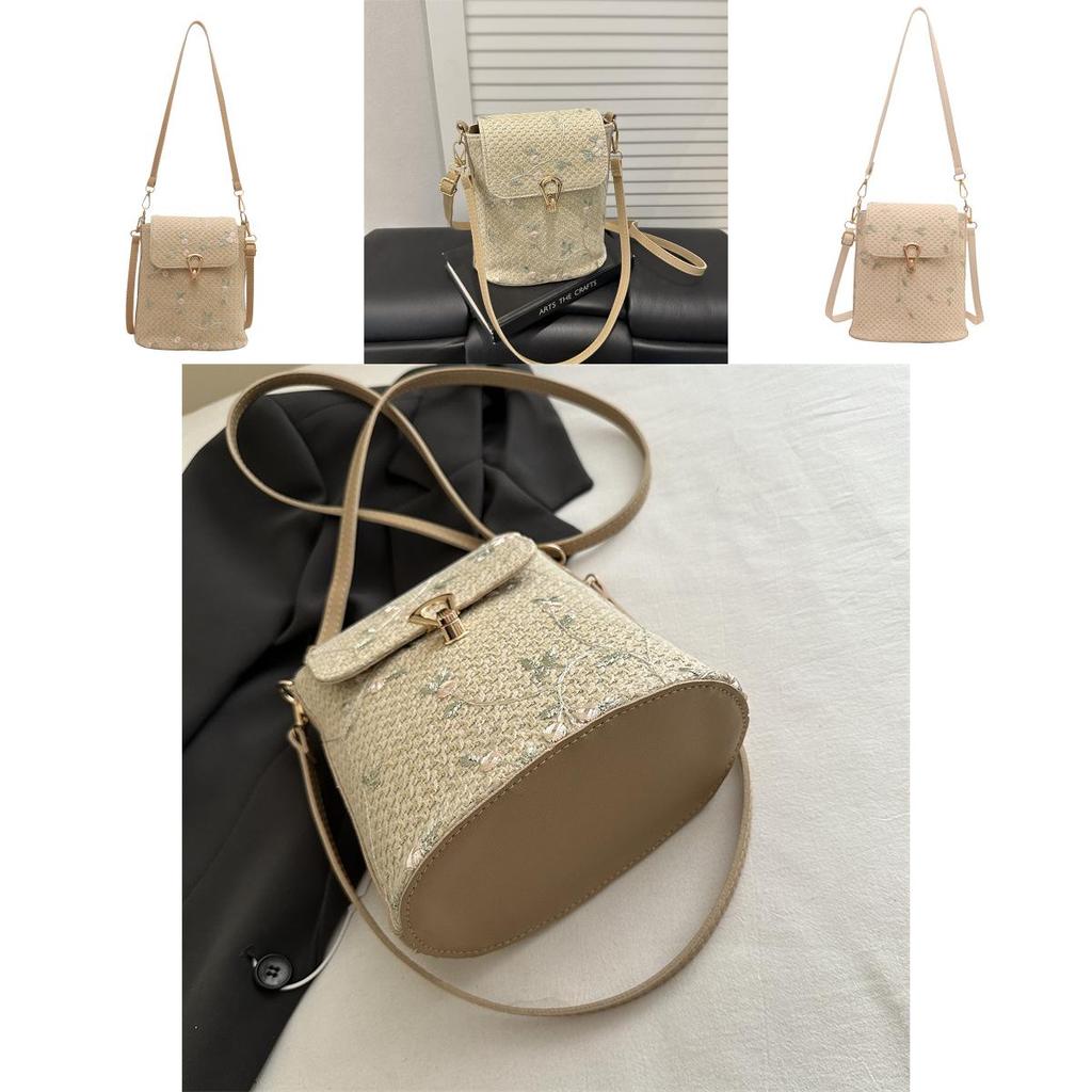 Summer Straw Weave Bucket Bag With Lace Flowers For Casual Daily Use