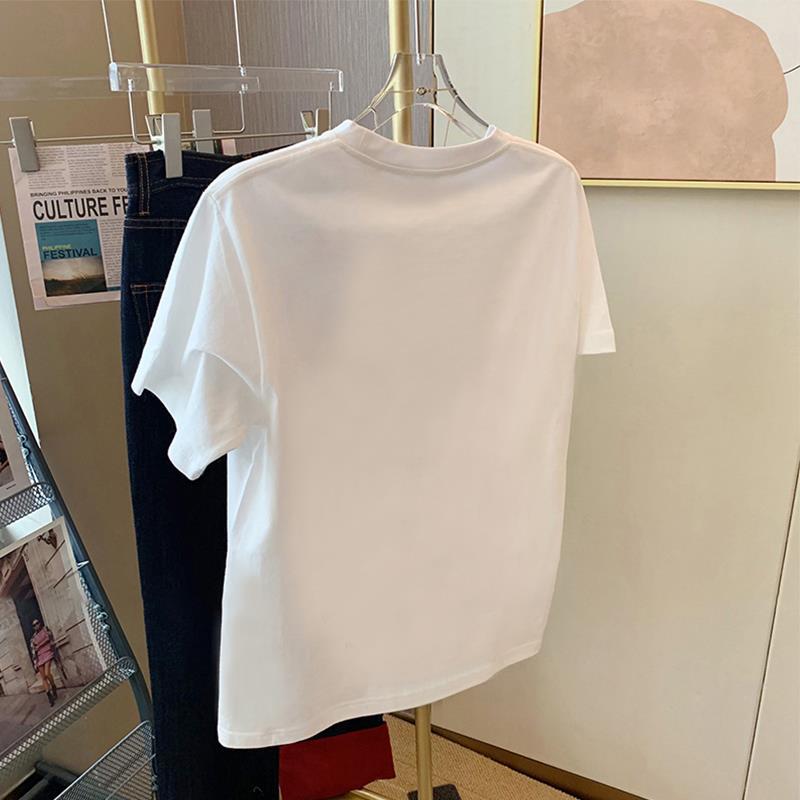 White cartoon cat short-sleeved t-shirt women's 2025 new summer age reduction design sense niche pure cotton foreign style top
