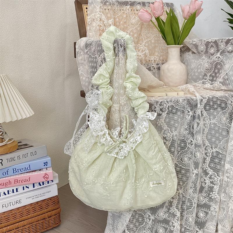 Floral Pleated Shoulder Strap Lace Bow Literary Rose Handbag Commuter Underarm Bag Messenger Bag