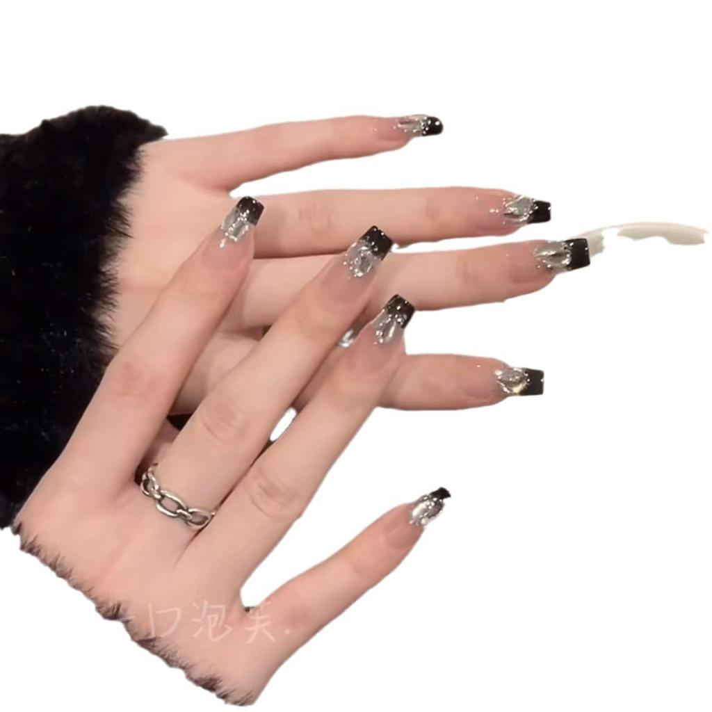 Pure Handmade Phototherapy Wear Armor Black Shiny Diamond Finished Product Reusable Nail Patches Can Be Removed