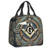 Custom Freemason Square & Compass Gold Masonic Thermal Insulated Lunch Bag Women Resuable Lunch Tote for Picnic Storage Food Box