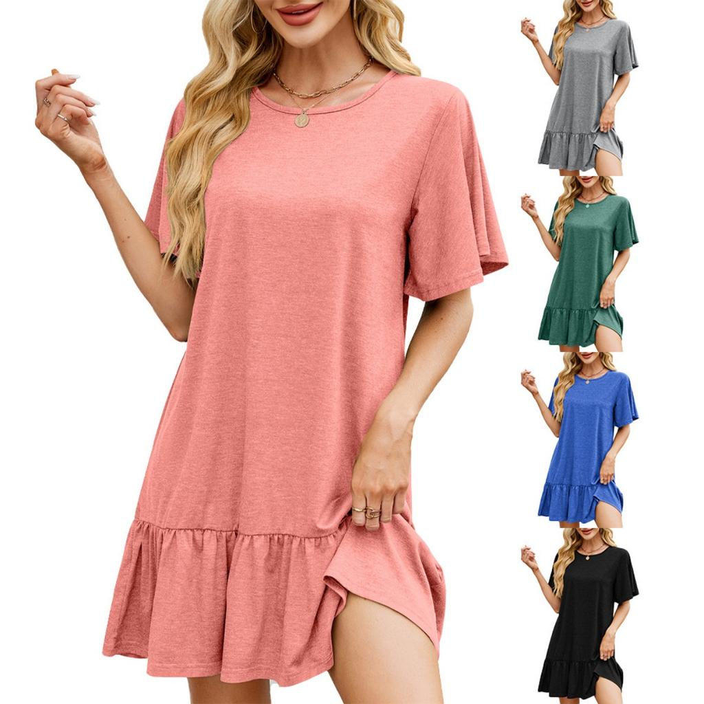 Spring Summer Solid Color Crew Neck Loose Short Sleeve Ruched Casual Dress, Cross-border Trade Ready-to-wear