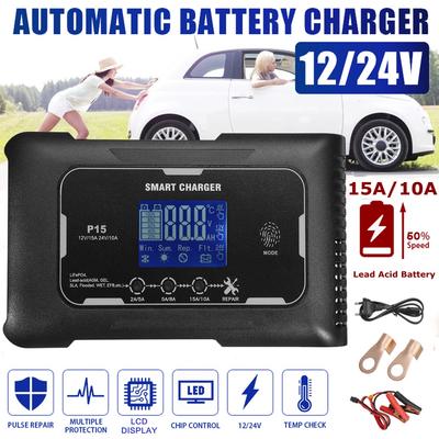 Black Car Battery Charger Pulse Repair Automatic Charging 12V 15A / 24V 10A For Car Motorcycle Lead Acid Battery AGM Gel Wet EFB