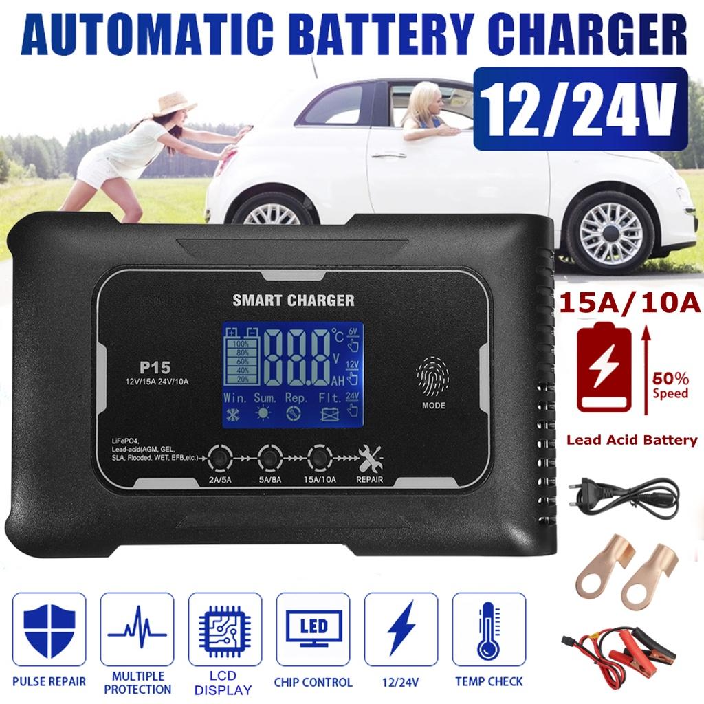 Black Car Battery Charger Pulse Repair Automatic Charging 12V 15A / 24V 10A For Car Motorcycle Lead Acid Battery AGM Gel Wet EFB