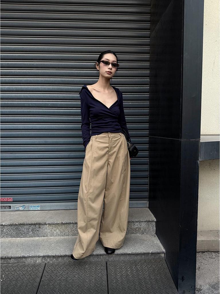 Women's American Lazy Style Loose Wide-Leg Pleated Patchwork Pants 2026