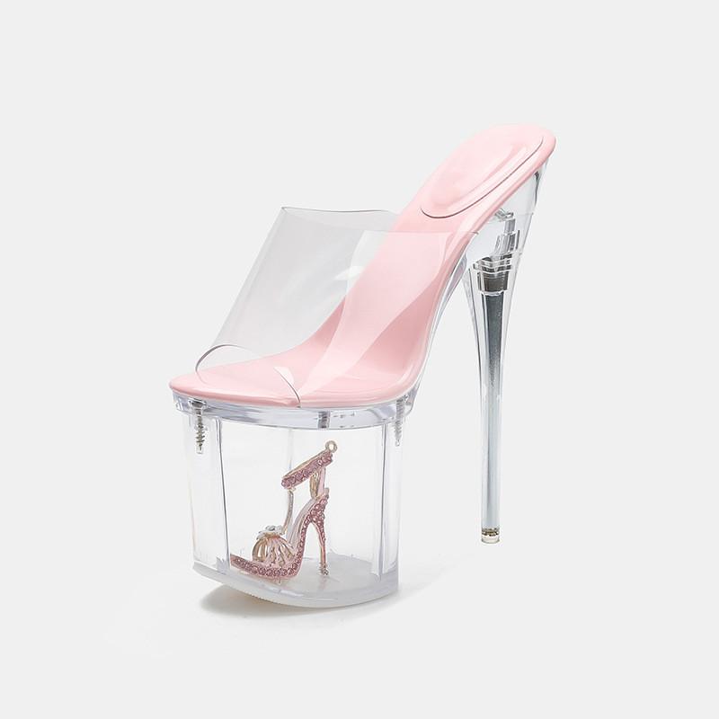 

Мода 19см Очень Высокие каблуки Прозрачный ПВХ Женские Тапочки Сандалии Мода Лето Прозрачный Кристалл Платформа Танкетка Мюли Обувь для танца на пилоне 35 розовый