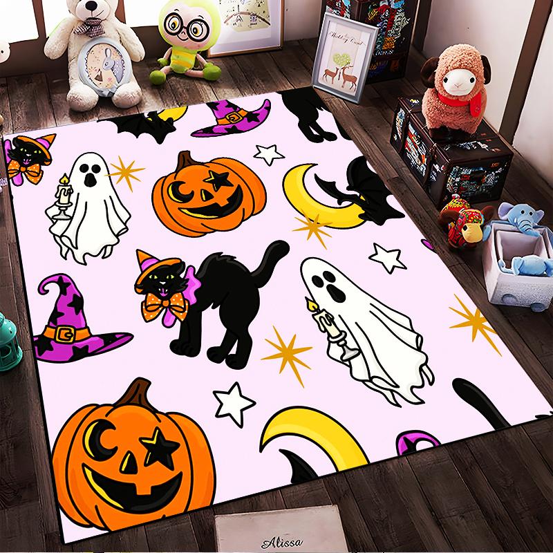 Halloween Theme: Cats, Ghosts, Pumpkins Non-slip Rug Suitable for Living Room and Bedroom Sofas.