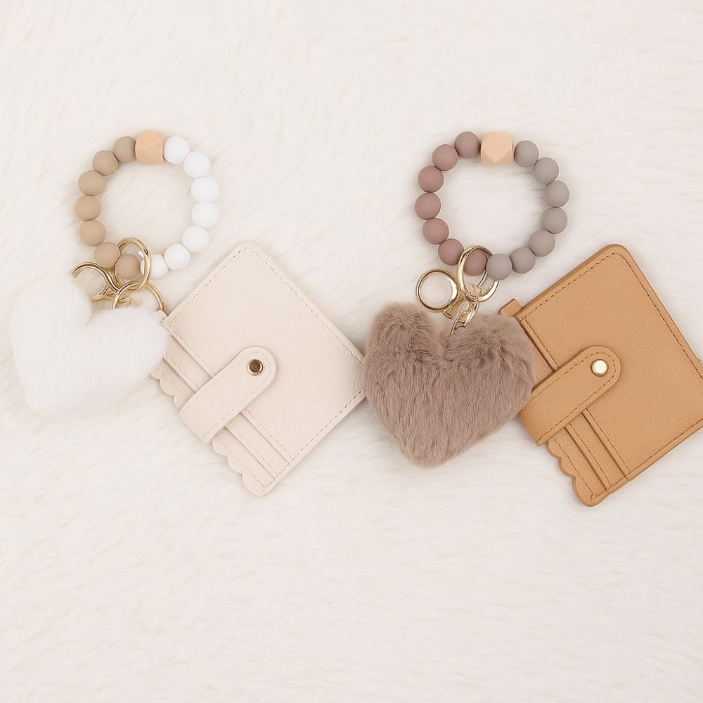 Silicone Beaded Wristlet Keychain Tassel Design Leather Tassel Wallet Keychain  Daily Accessory