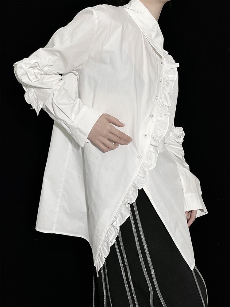 Xitao Edible Tree Fungus Single Breasted Women Shirt Solid Color Turn-down Collar Asymmetrical Split Shirt 2024 Autumn HQQ2392