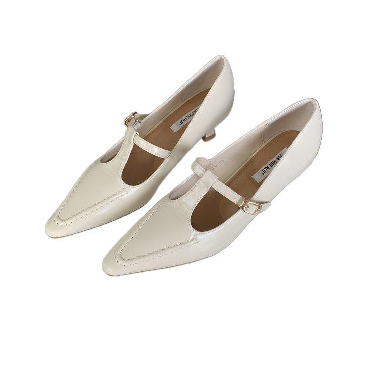 2025 Spring New Single Shoes Women's Black Hollow Pointed Tip Thin Heel Shallow Mouth Mary Jane Shoes Niche White High Heels Women