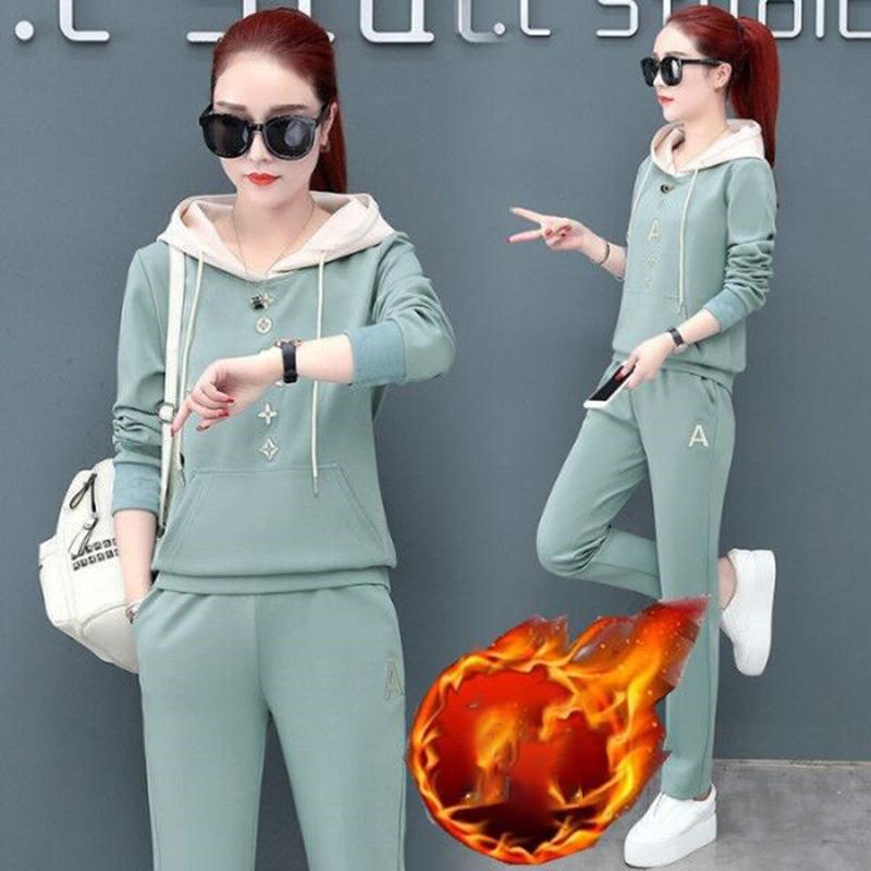 Autumn and Winter Loose Hooded Sweater Two-piece Women's Thickened Hoodie Leisure Sports Suit Plus Velvet Thickened Women