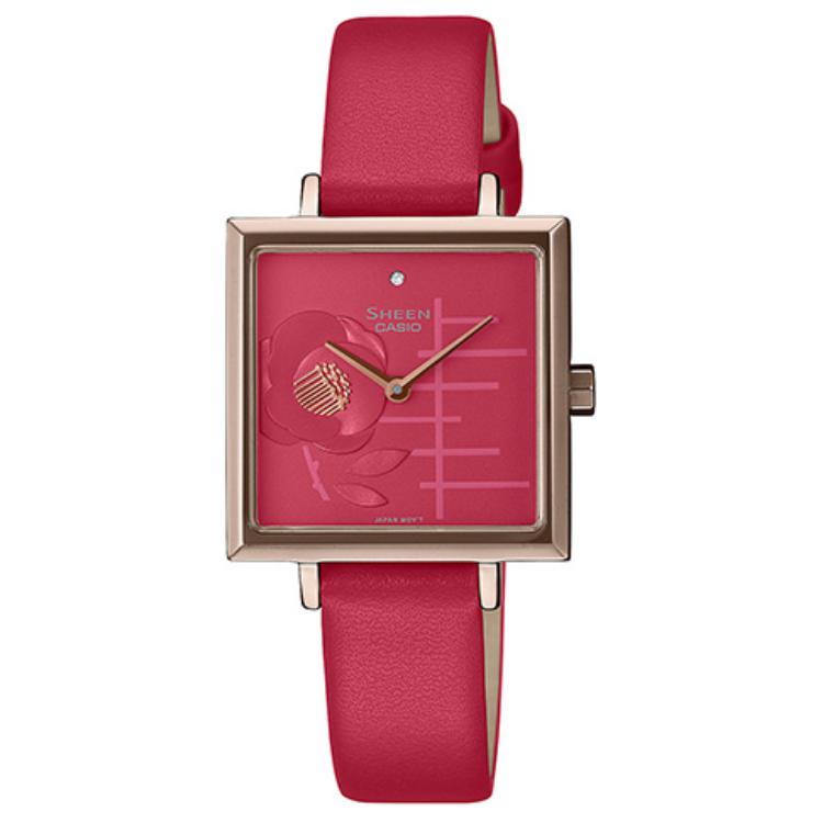 CASIO SHEEN · Quartz Movement Leather Strap Watch Women s Watch Red Watch Dial SHE-C141CGL-4AUPFH-person Red Watch Dial
