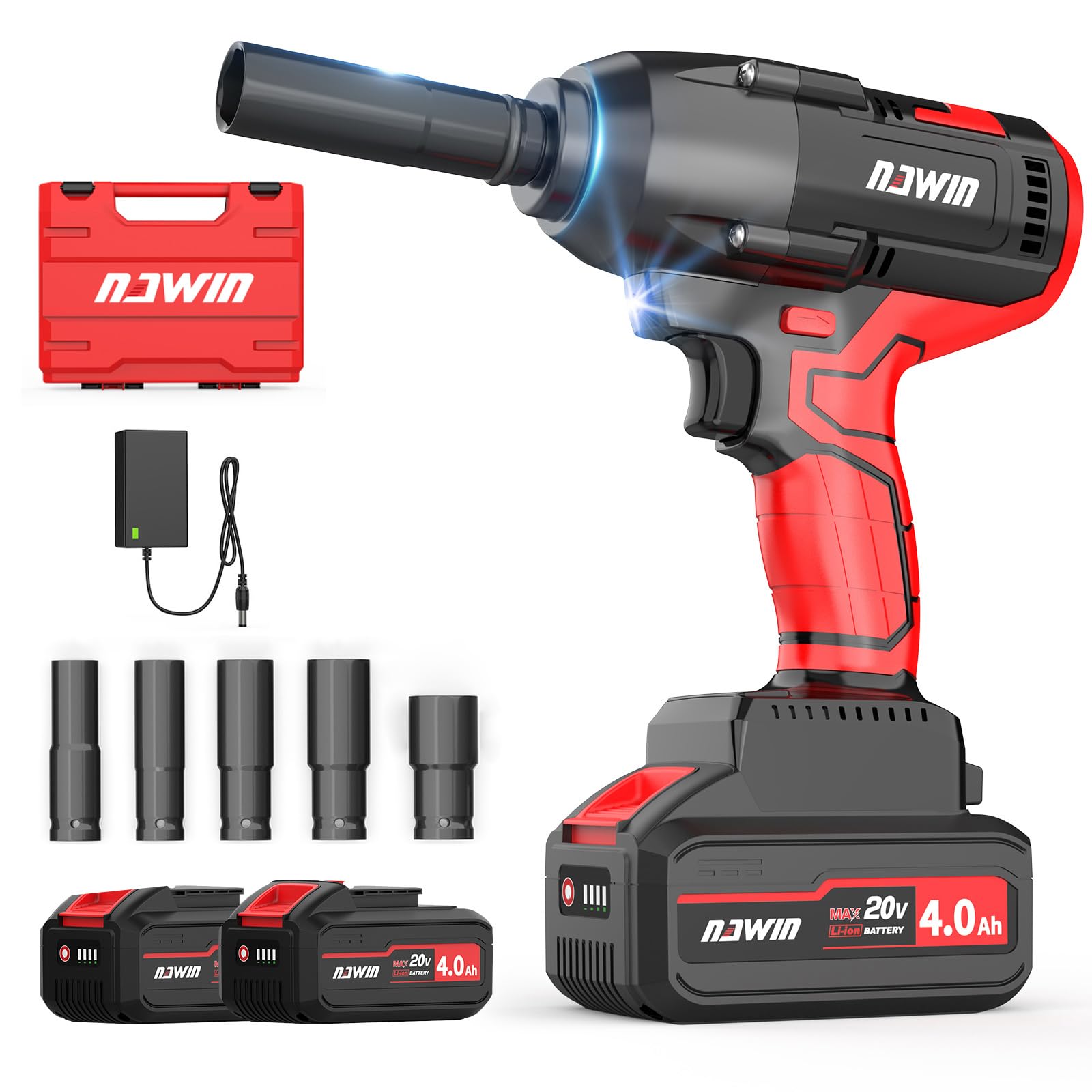 

NAWIN 20V Аккумуляторный ударный бесщеточный двигатель с двумя для обслуживания транспортных средств и строительства Бесступенчатый светодиодный PSE Профессиональный электроинструмент красный