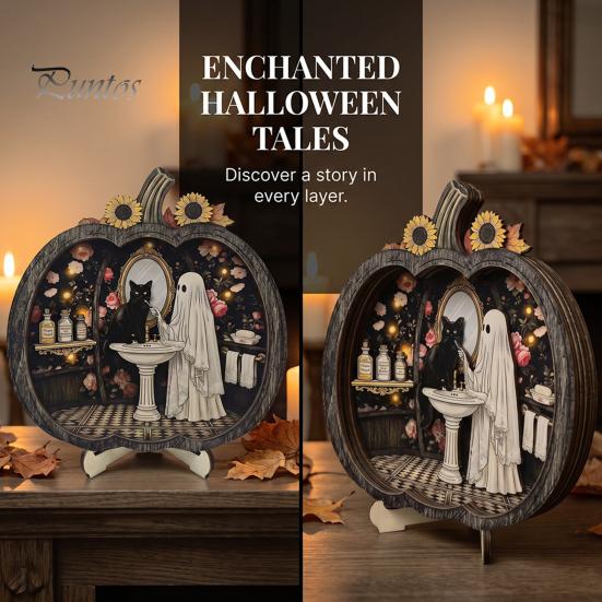 Fall Harvest Home Decoration Halloween Ghost Wooden Tabletop Ornament, 2D Flat Cute Reading Bathing Thanksgiving Table Centerpiece Watering