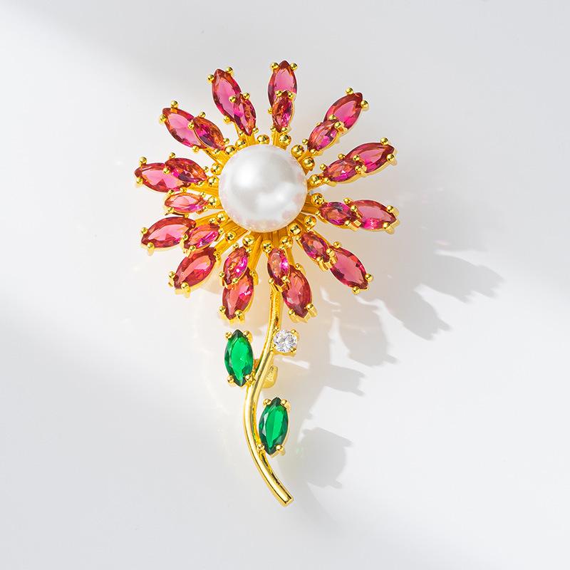 Elegant Sunflower Brooch with Copper Zirconia and Pearl Accent