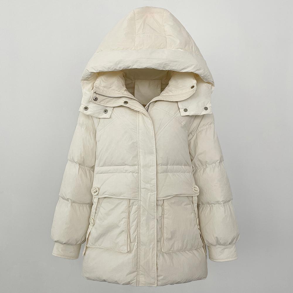 

OFTBUY Зимняя куртка средней длины для женщин с капюшоном, пуховик с наполнителем из 90% белого утиного пуха, утолщенная теплая куртка свободного покроя M белый