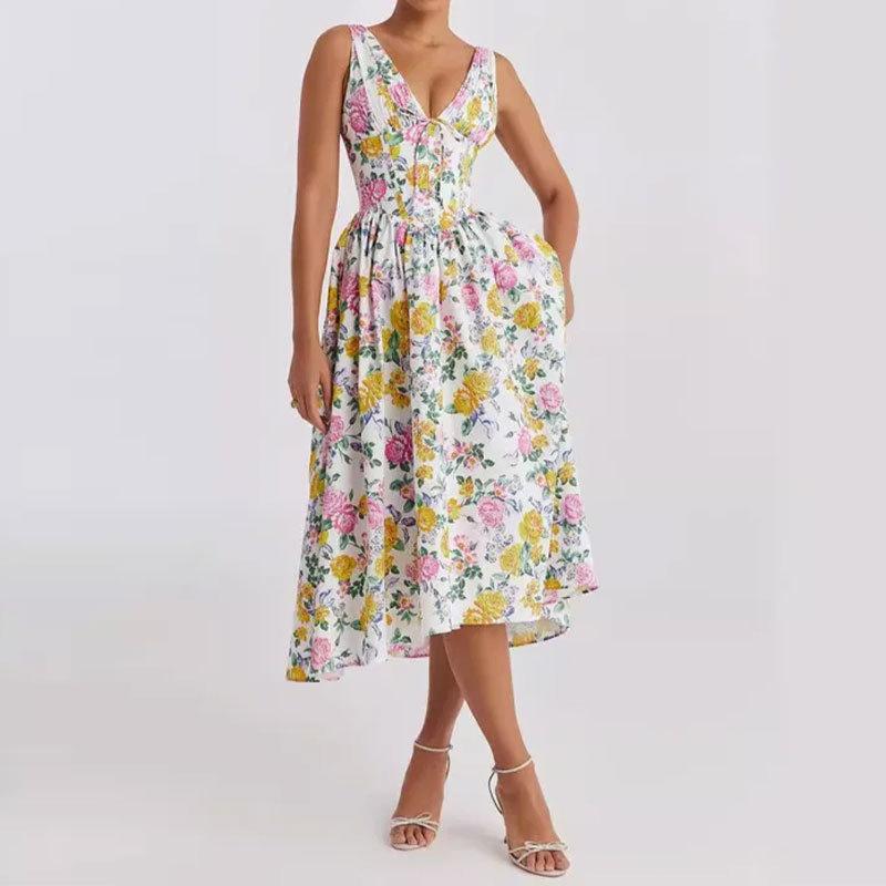 Women's clothing, new spring models in Europe and America, elegant temperament printed V-neck suspender long dress dress