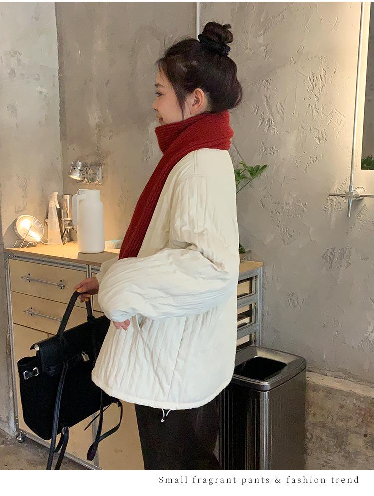 Plus Size Women's Korean Style Winter Padded Jacket 2025 - Loose Fit, Warm, Windproof, Round Neck, Solid Cream Color Cotton Coat