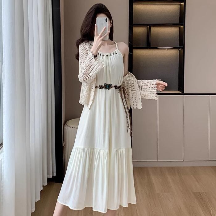 Bohemian French Mori Style Spaghetti Strap Dress & Cardigan Set - Women s Summer Beach Vacation Two-Piece. XL