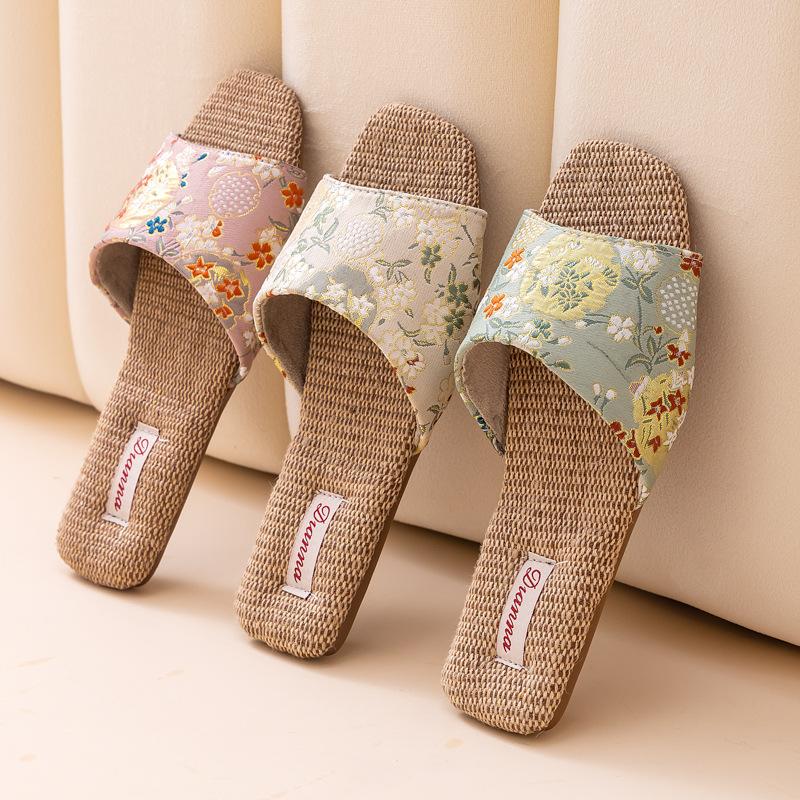 Fashion Breathable Indoor Linen Slippers For Women Men Home Floor Shoes Chinese Style Emrobidery Anti-slip Couples House Bedroom Slides