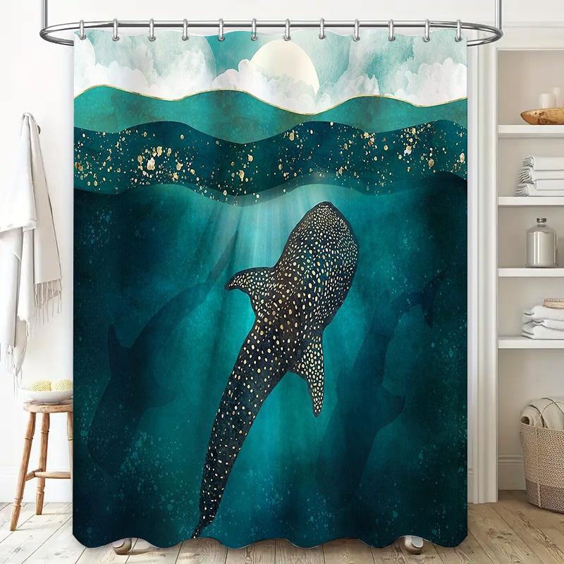 Tenda da Doccia Balena Decorazioni Vita Marina Oceano Modello Balena Blu Arredo Bagno Tenda da Doccia in Tessuto Impermeabile Set