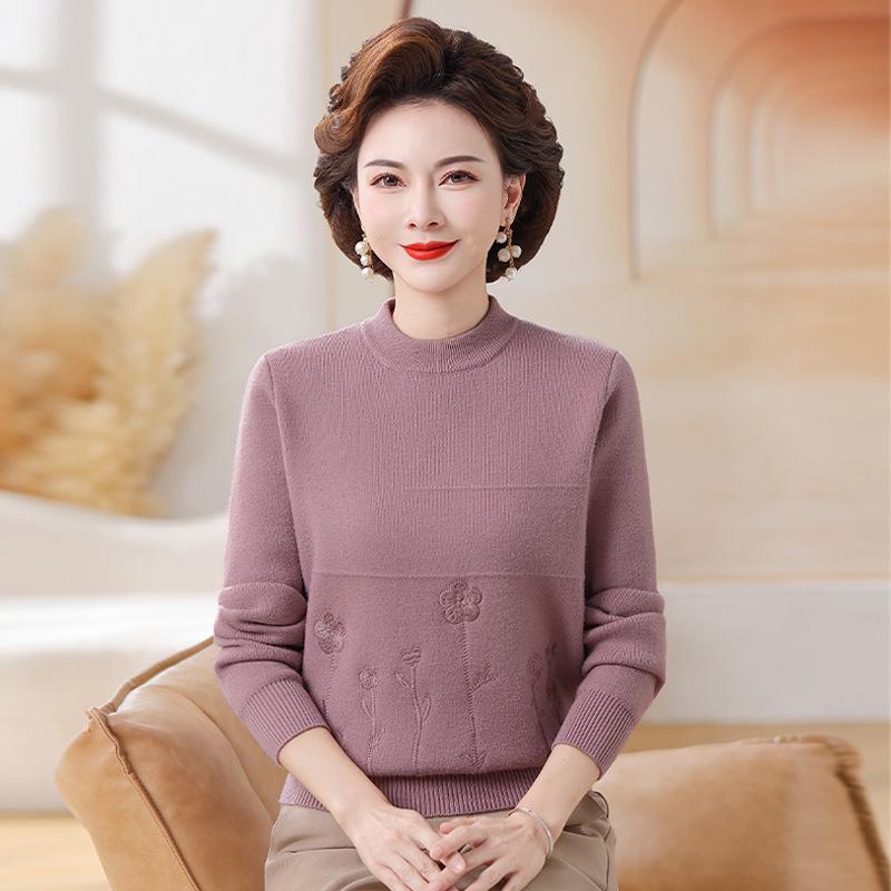 Fleece-Lined Knitted Sweater: Warm Winter Base Layer for Middle-Aged and Elderly Women