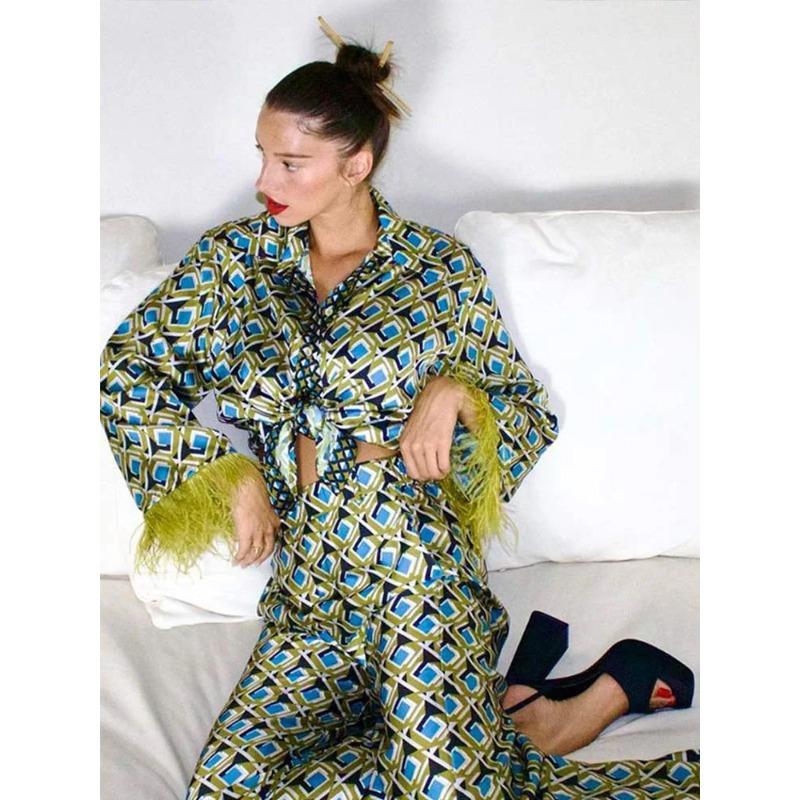 Long Sleeve Plaid Feather Pants 2 Piece Sets Pajama Women Lapel Blouses Suits Sleep Ladies High Waist Stright Pants Pajamas Set