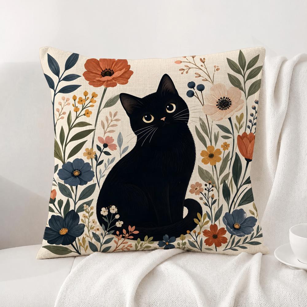 Art Black Cat With Flower Cushion Cover Natural Linen Pillowcase Set AllinOne Decor Cushion Cover for Sofa Bedroom Chair