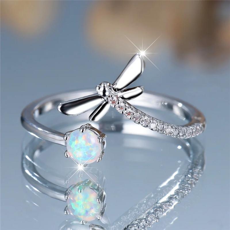 Bohemian Charm Female White Fire Opal Round Stone Dragonfly Open Ring  Color Cute Gift Wedding Jewelry Rings For Women
