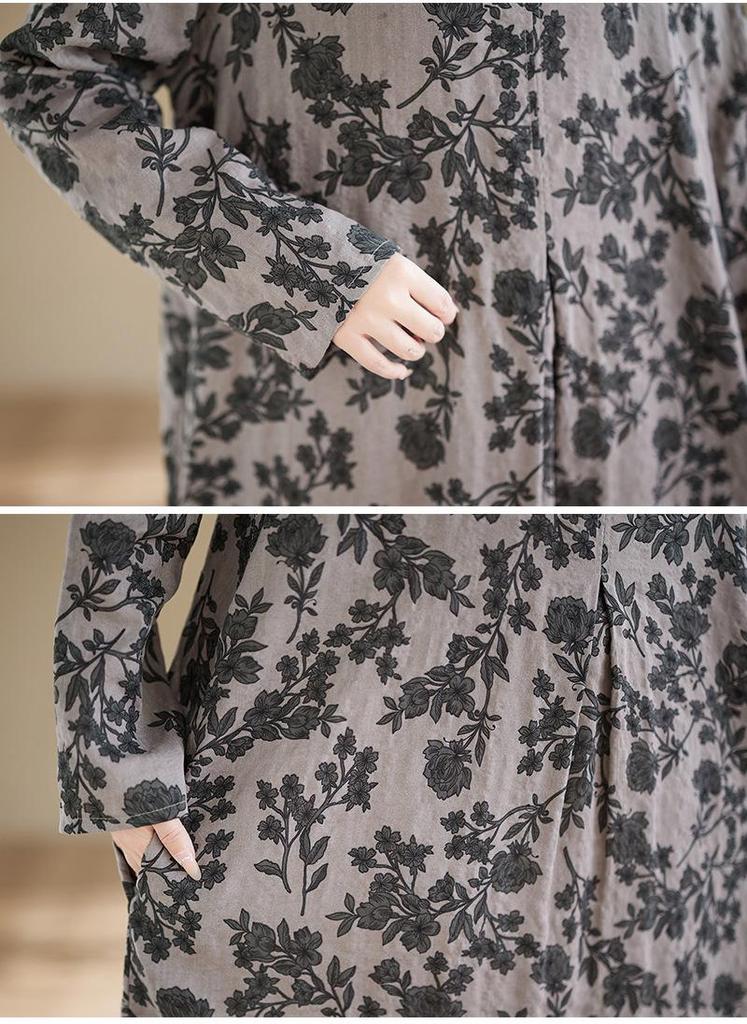 In-Stock Printed Cotton Plus Size Long-Sleeve Women's Dress with Round Neckline