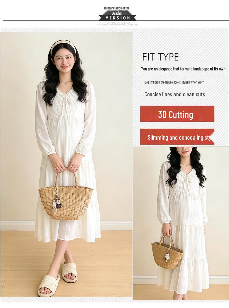 Spring 2026 Korean Maternity Fashion: Simple, Loose-Fit, Embroidered Long-Sleeve Dress, Plus Size