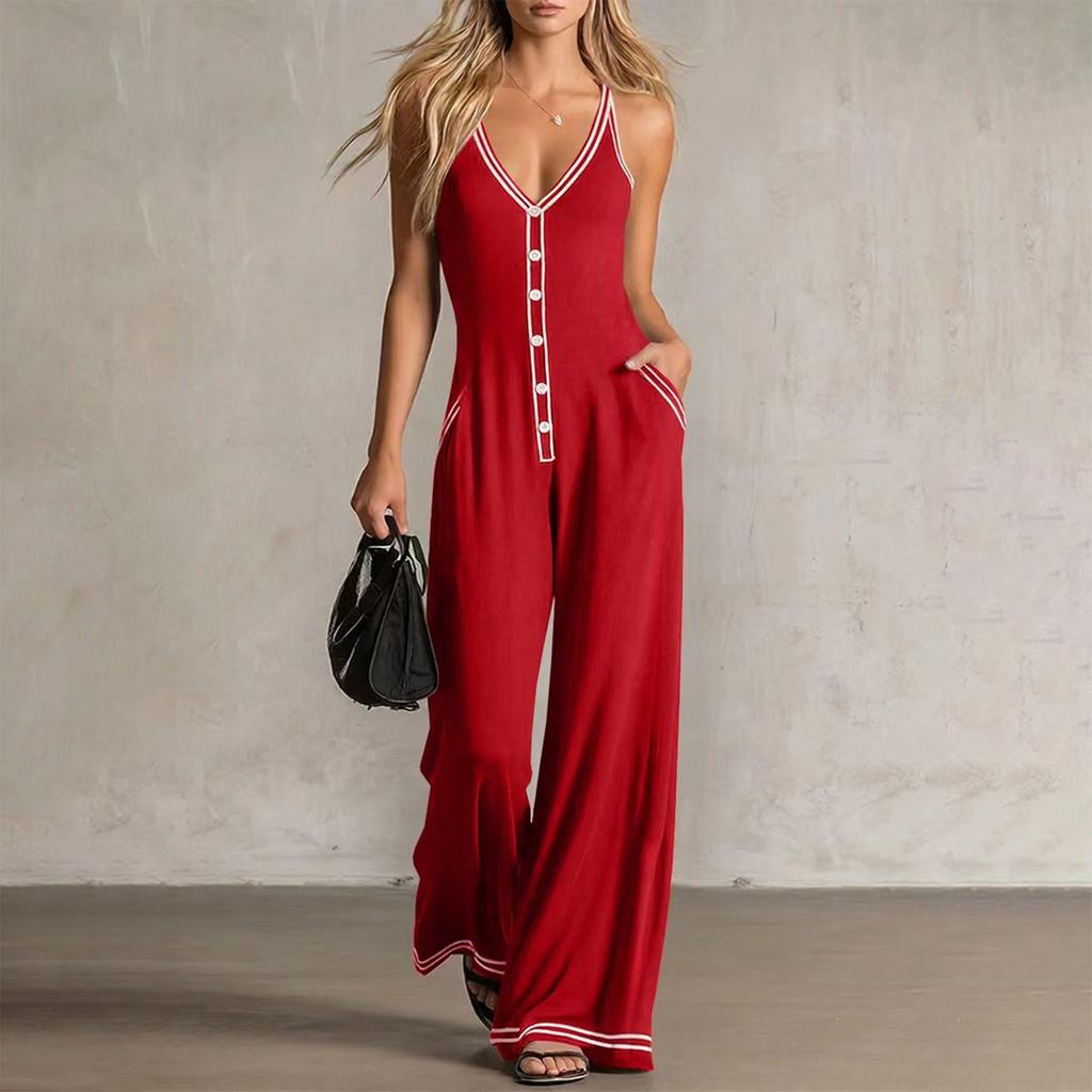 Damen ärmelloser Jumpsuit V-Ausschnitt Knopfleiste Weites Bein Tasche Lässiger Einteiler Romper
