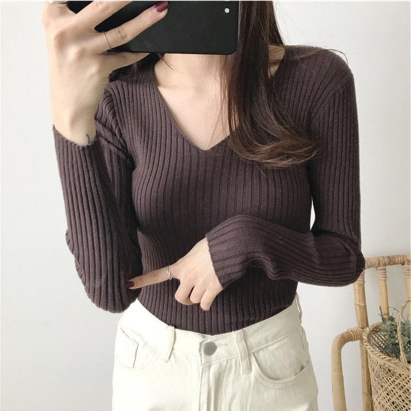 Women's Autumn Sweaters V-neck Slim Fit Pullover Long Sleeve Base Knitted Sweater Woman Winter Fashion Solid Bottoming Warm Knitwear Jumpers 24967