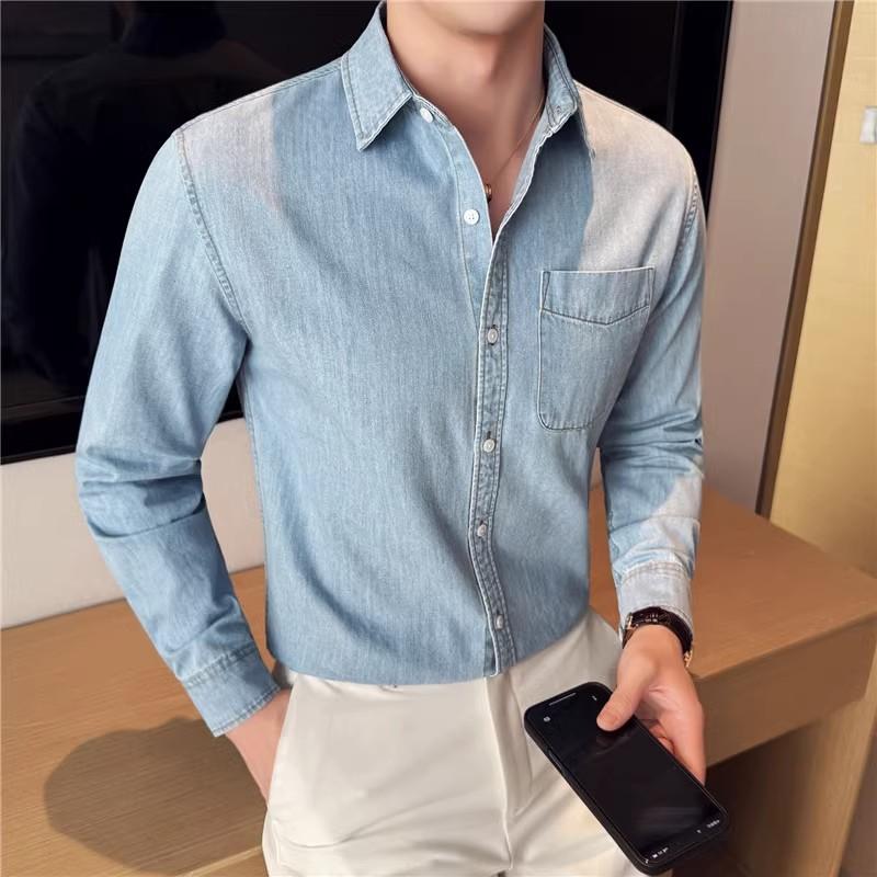

Мужская джинсовая рубашка из 90% хлопка, высококачественная модная синяя повседневная джинсовая рубашка с длинным рукавом 3XL светло-синий