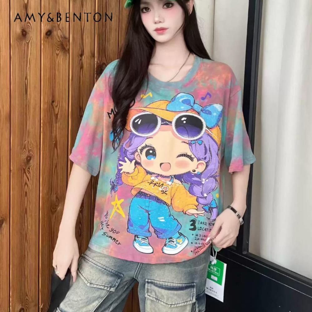 Korean Tie-dye Short-sleeve T-shirts for Women in Summer, Loose Casual Slimming Versatile Pullover Tops XXS