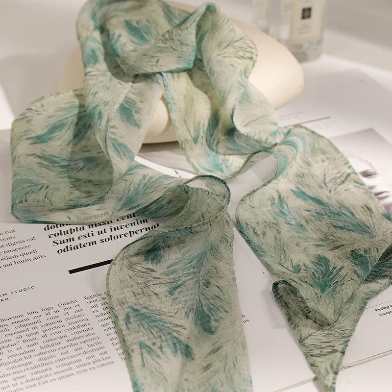 Georgette green leaf silk scarf premium scarf thin scarf 100% mulberry silk neck scarf 150*10cm